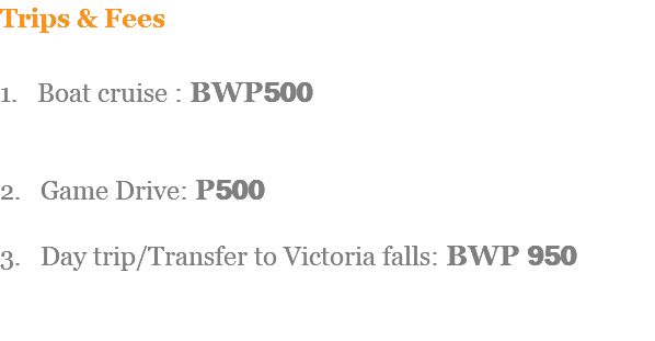 Trips & Fees 1. Boat cruise : BWP500 2. Game Drive: P500 3. Day trip/Transfer to Victoria falls: BWP 950